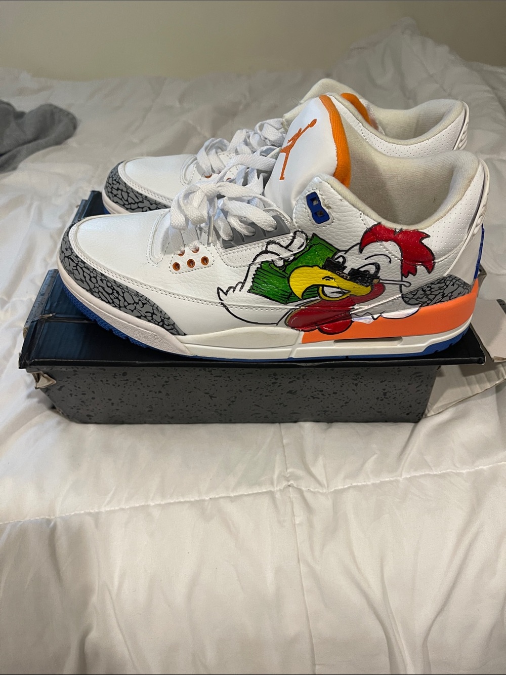 Nike Jordan White & Orange with Cartoon Rooster Graphic